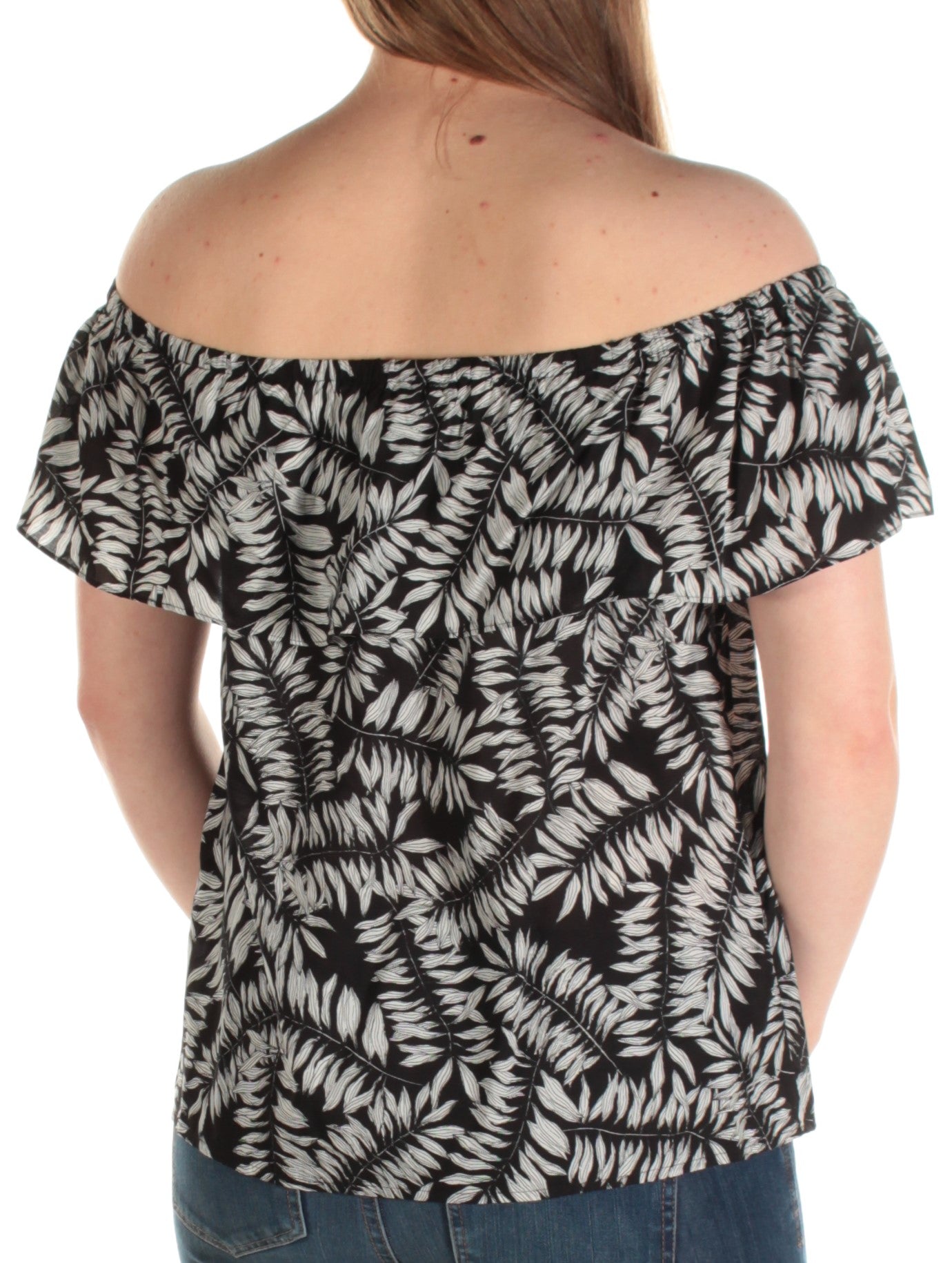 1. STATE Womens Black Leaves Short Sleeve Off Shoulder Top