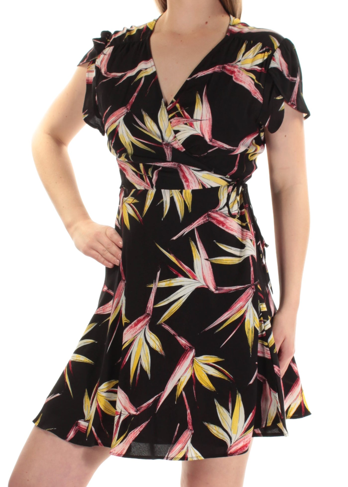 1. STATE Womens Black Floral Short Sleeve V Neck Above The Knee Wrap Dress