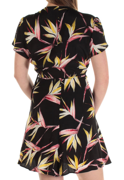 1. STATE Womens Black Floral Short Sleeve V Neck Above The Knee Wrap Dress