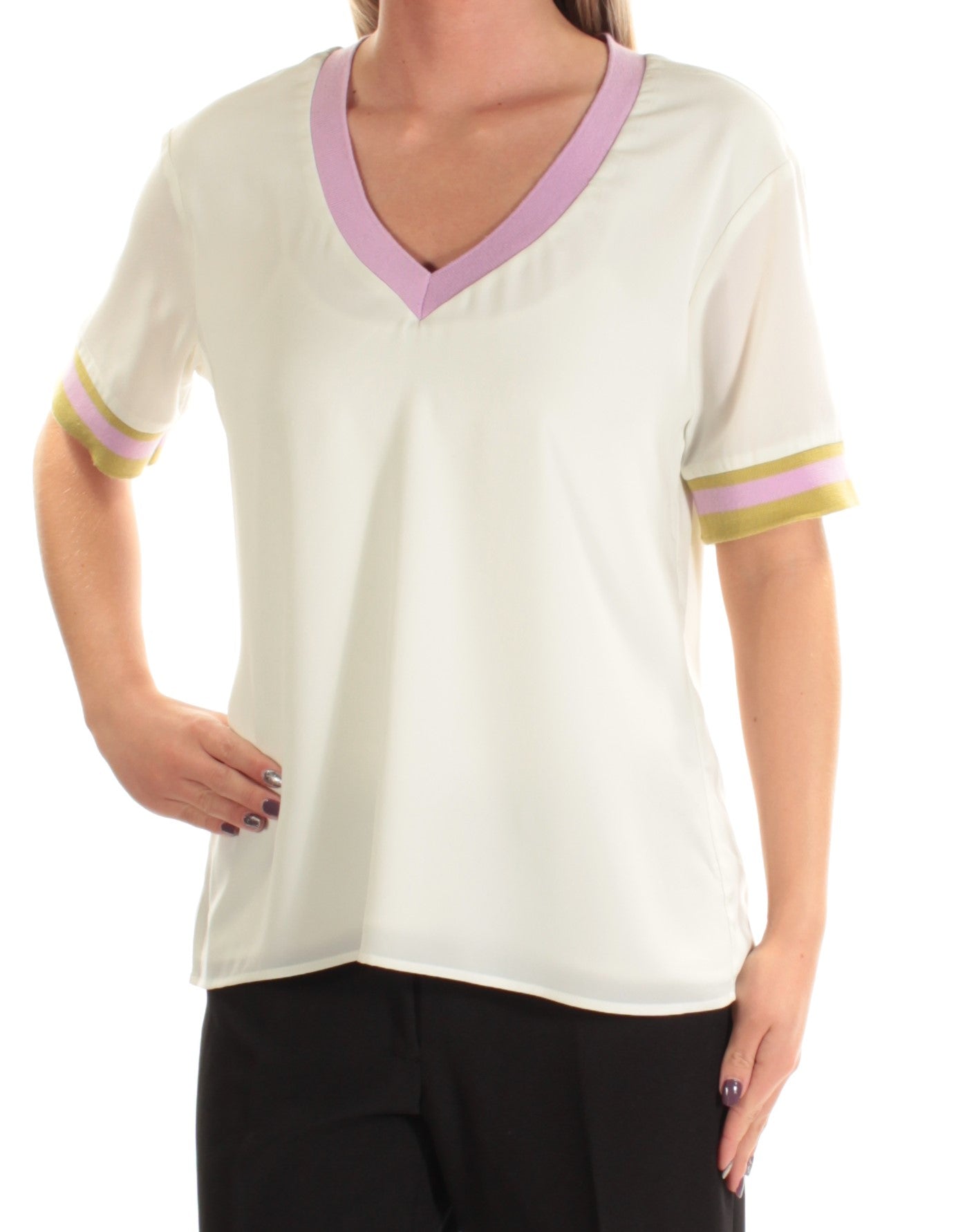 CYNTHIA ROWLEY Womens White Short Sleeve V Neck T-Shirt