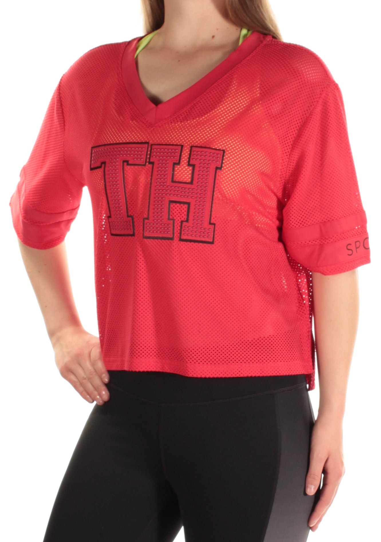 TOMMY HILFIGER Womens Red Logo Short Sleeve V Neck Top