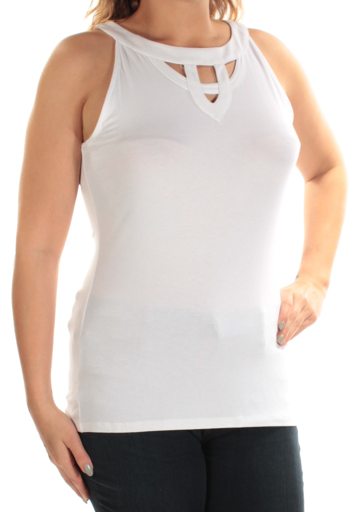 INC Womens White Cut Out Short Sleeve Jewel Neck Top