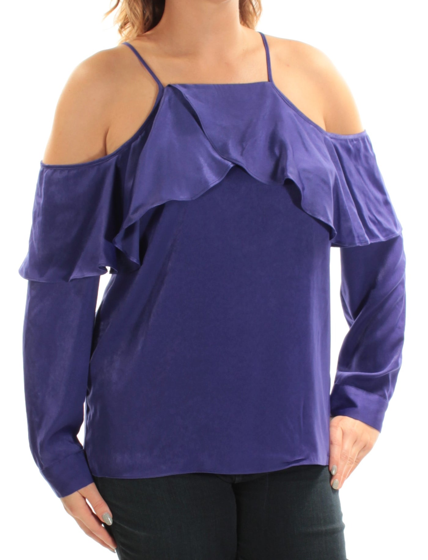 BAR III Womens Purple Cold Shoulder Long Sleeve Square Neck Top