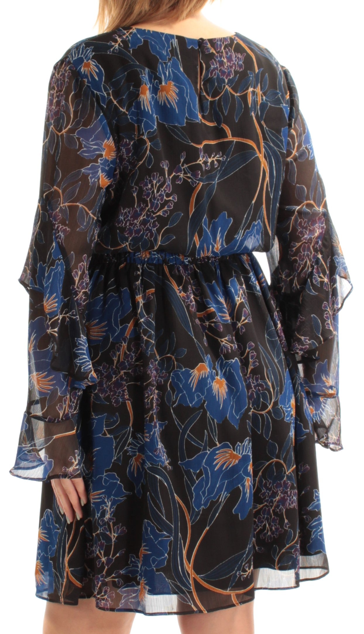 INC Womens Blue Sheer Ruffled Floral Long Sleeve Jewel Neck Mini Blouson Dress