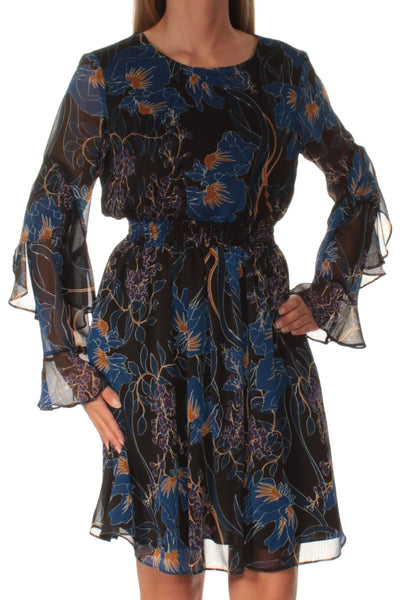INC Womens Blue Sheer Ruffled Floral Long Sleeve Jewel Neck Mini Blouson Dress