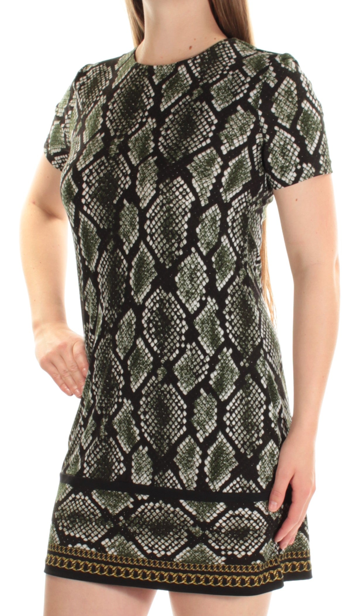 MICHAEL KORS Womens Green Animal Print Short Sleeve Crew Neck Mini Shift Dress