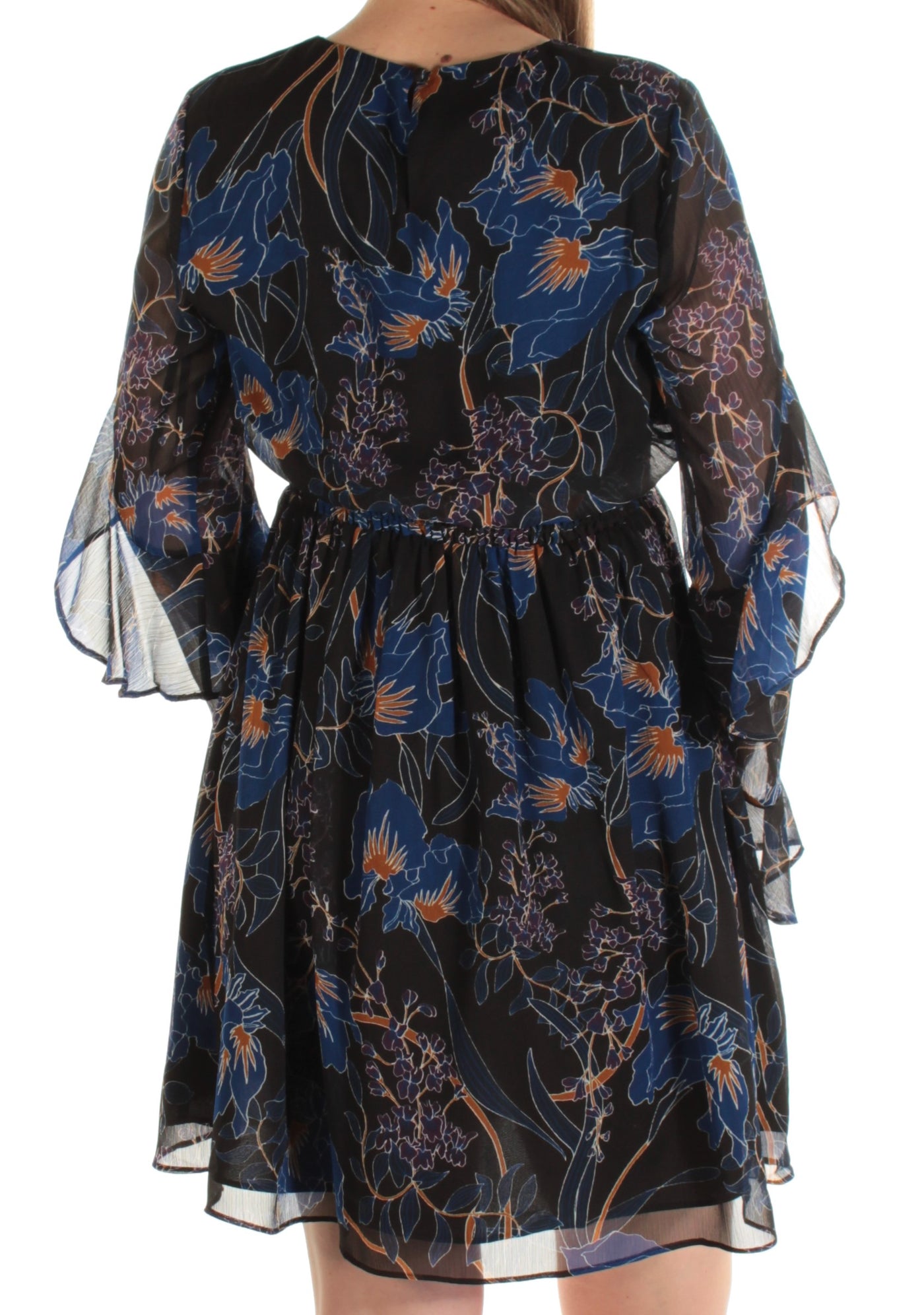 INC Womens Black Sheer Ruffled Floral Long Sleeve Jewel Neck Mini Blouson Dress