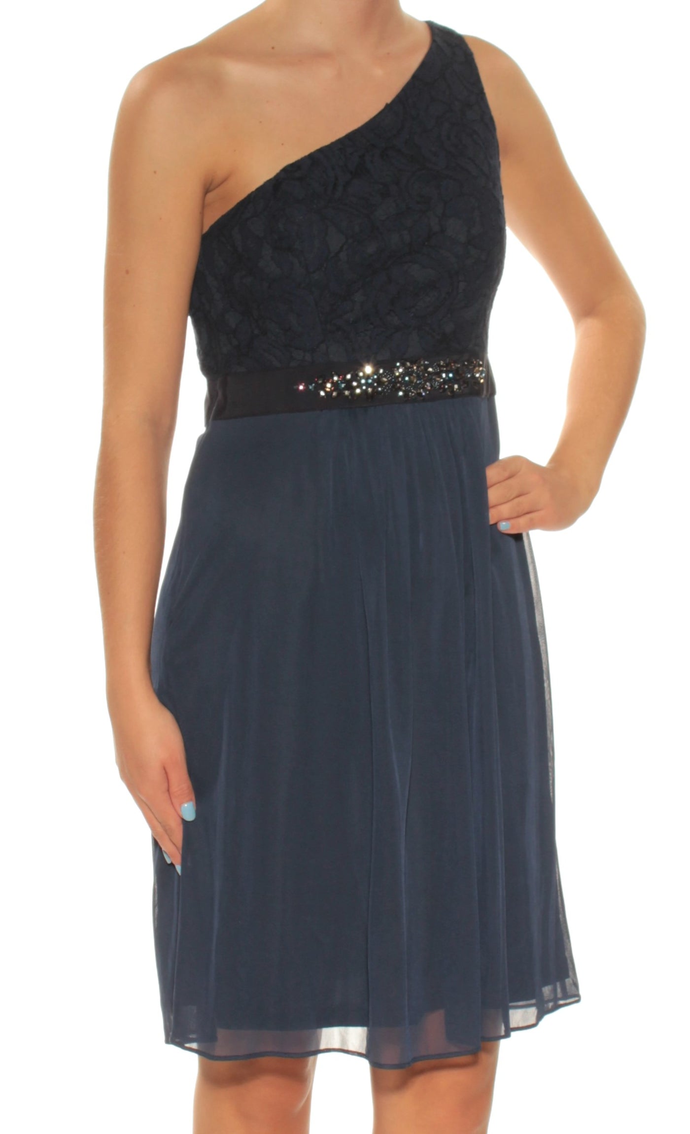 ADRIANNA PAPELL Womens Beaded Sleeveless Asymmetrical Neckline Above The Knee Formal Fit + Flare Dress