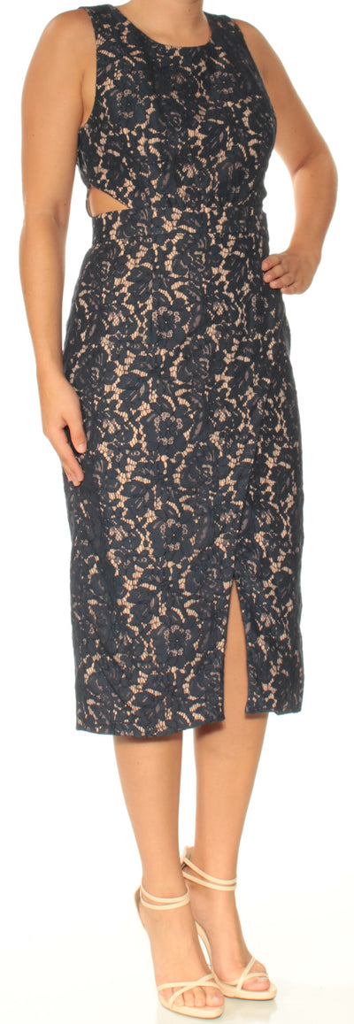 FAME AND PARTNERS Womens Navy Lace Slitted Printed Sleeveless Jewel Neck Below The Knee Evening Wrap Wrap Dress
