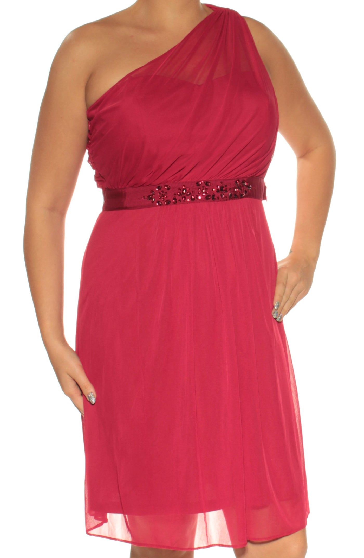 ADRIANNA PAPELL Womens Red Beaded Sleeveless Asymmetrical Neckline Above The Knee Formal Fit + Flare Dress