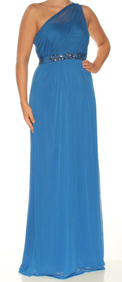 ADRIANNA PAPELL Womens Blue Embellished Sleeveless Asymmetrical Neckline Full-Length Prom Sheath Dress