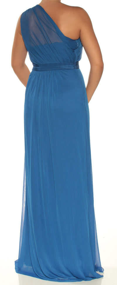 ADRIANNA PAPELL Womens Blue Embellished Sleeveless Asymmetrical Neckline Full-Length Prom Sheath Dress