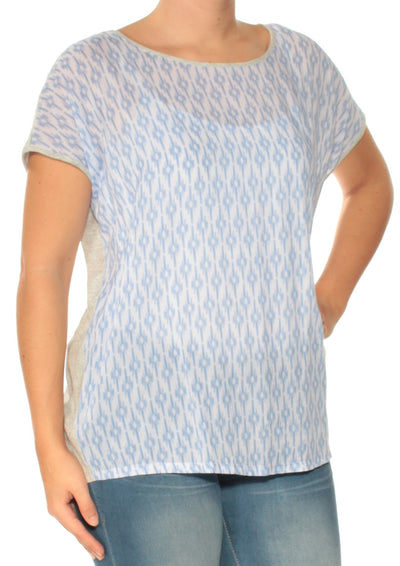 VINCE CAMUTO Womens Blue Sheer Printed Short Sleeve Jewel Neck Top