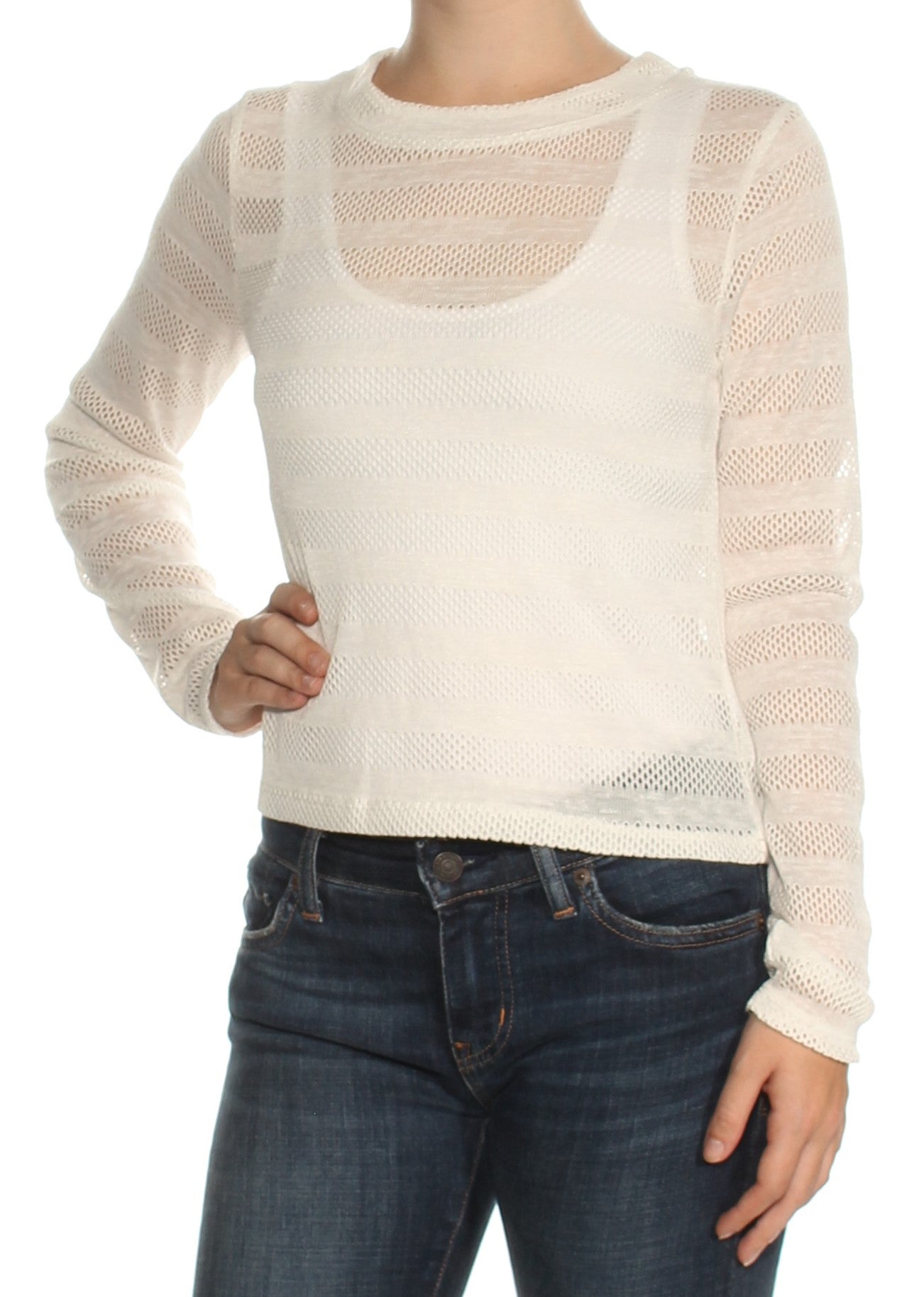 BAR III Womens White Sheer Long Sleeve Crew Neck Top