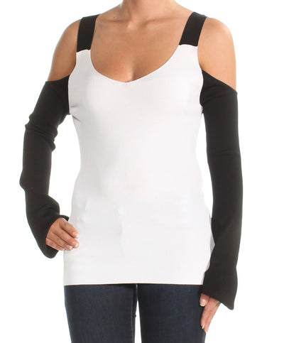 YYIGAL Womens White Cold Shoulder Color Block Long Sleeve V Neck Top