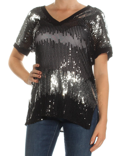 INC Womens Black Sequined Short Sleeve V Neck Top