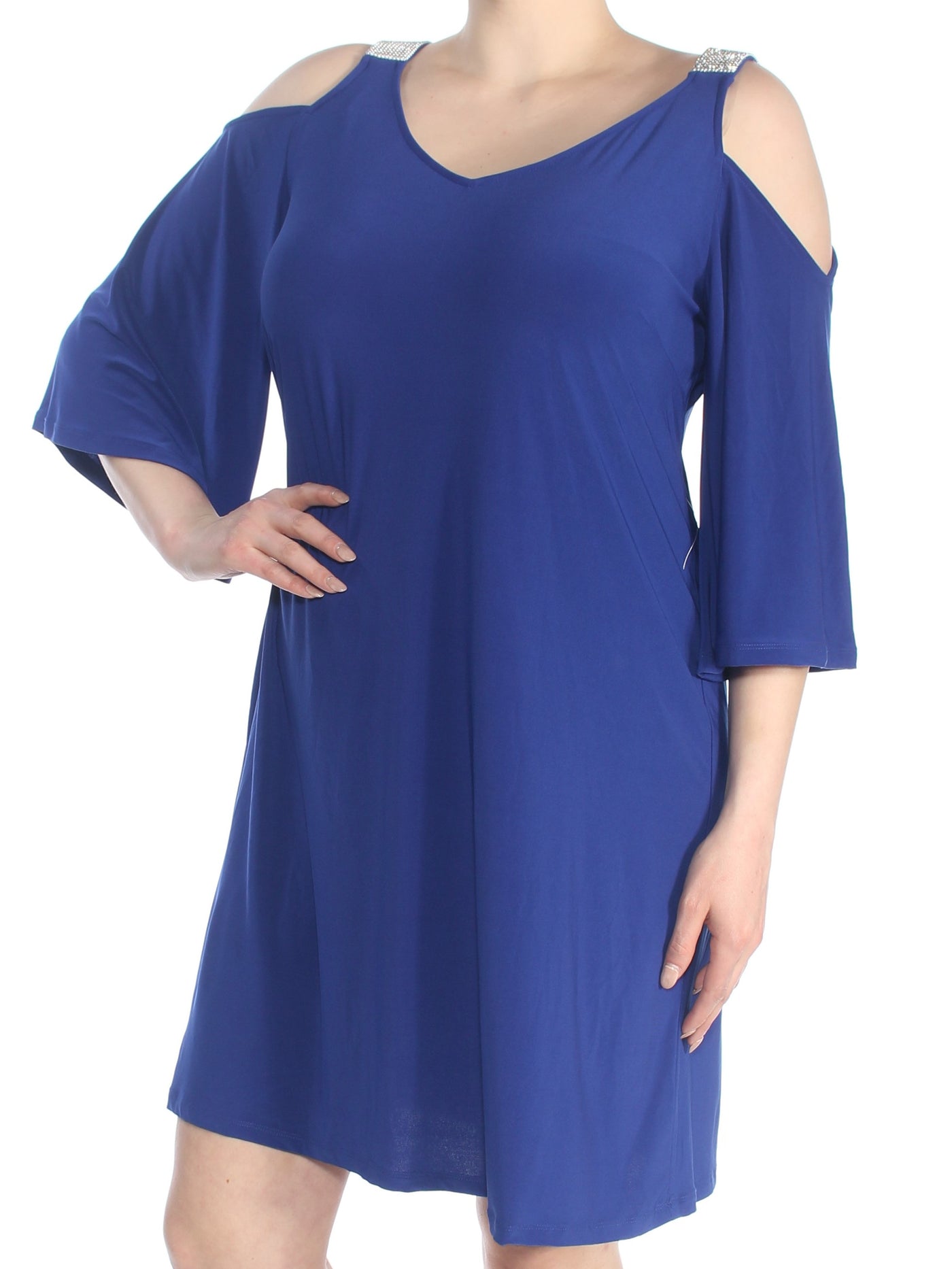 MSK Womens Blue Cold Shoulder Embellished Short Sleeve V Neck Above The Knee Party Shift Dress