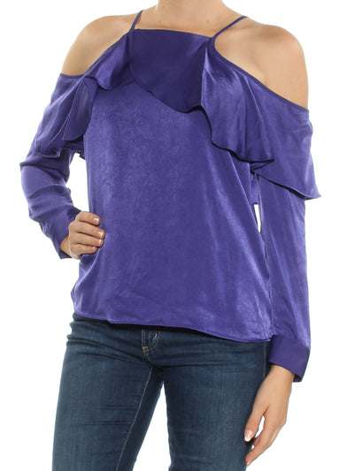 BAR III Womens Purple Ruffled Cold Shoulder Long Sleeve Square Neck Top