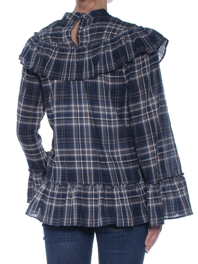 MAX STUDIO Womens Navy Plaid Bell Sleeve Crew Neck Tunic Top