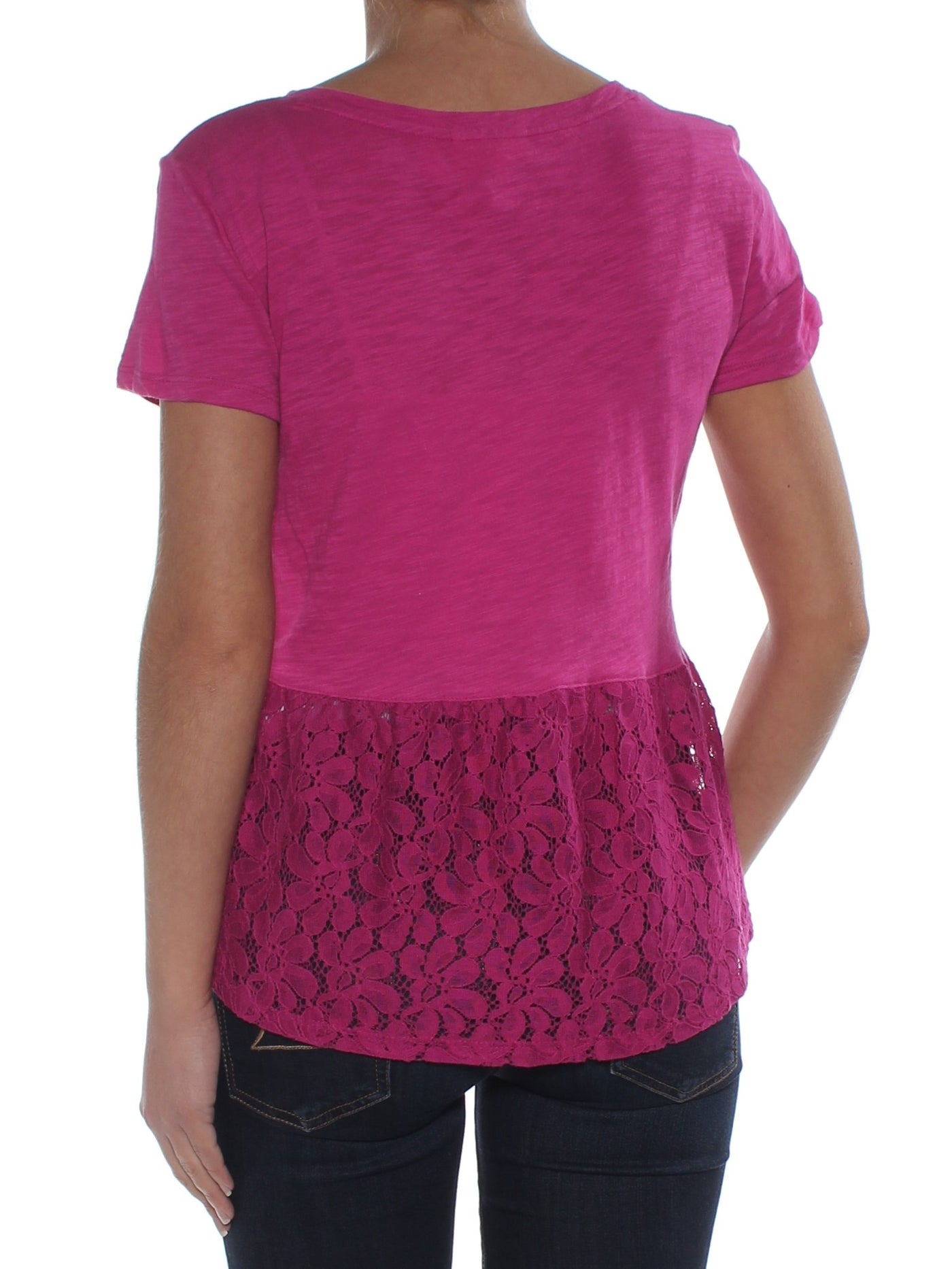 MAISON JULES Womens Pink Lace Short Sleeve Jewel Neck Top