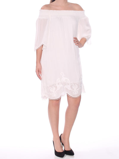 1. STATE Womens Ivory Embroidered Lace Short Sleeve Off Shoulder Above The Knee Shift Dress