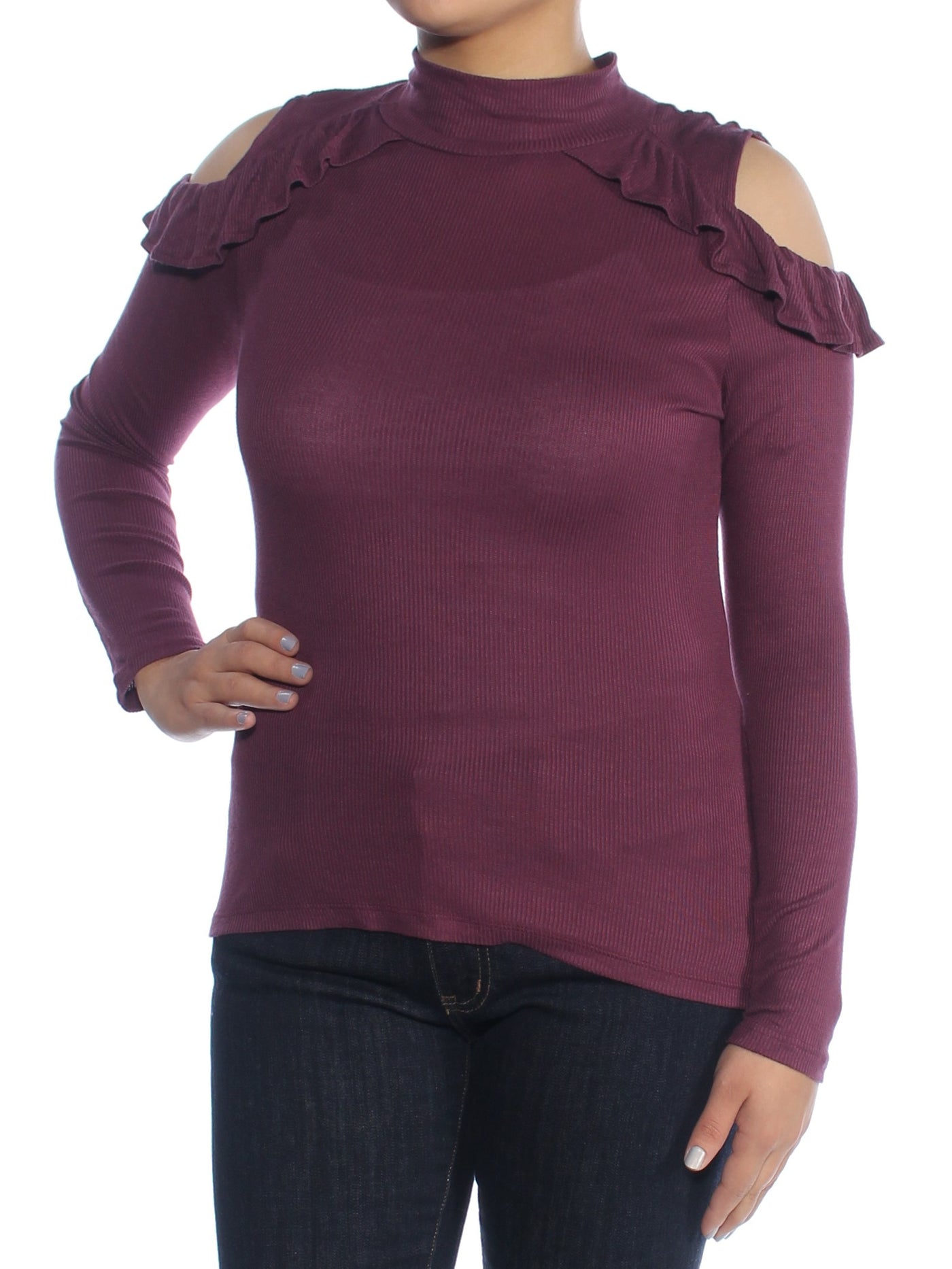 MAISON JULES Womens Purple Cold Shoulder Ruffled Long Sleeve Turtle Neck Top