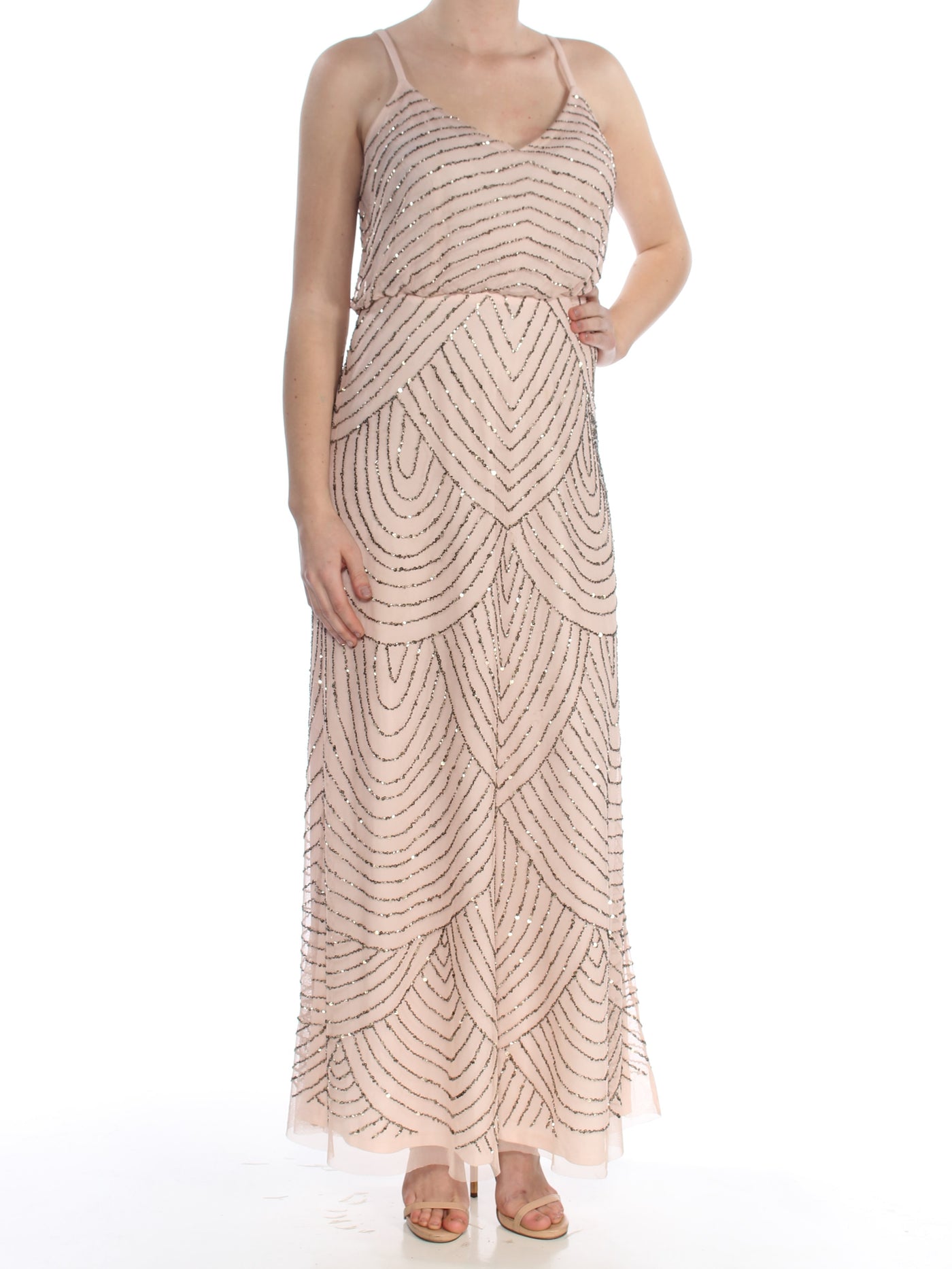 ADRIANNA PAPELL Womens Beige Beaded Gown Printed Spaghetti Strap Scoop Neck Full-Length Evening Blouson Dress