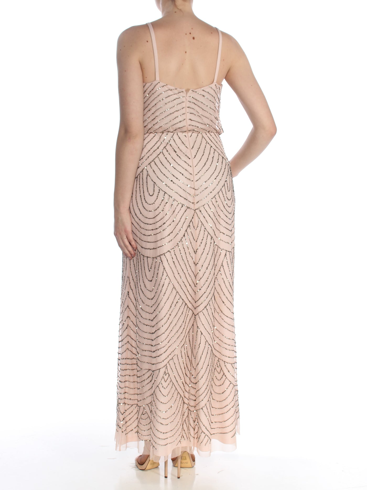 ADRIANNA PAPELL Womens Beige Beaded Gown Printed Spaghetti Strap Scoop Neck Full-Length Evening Blouson Dress