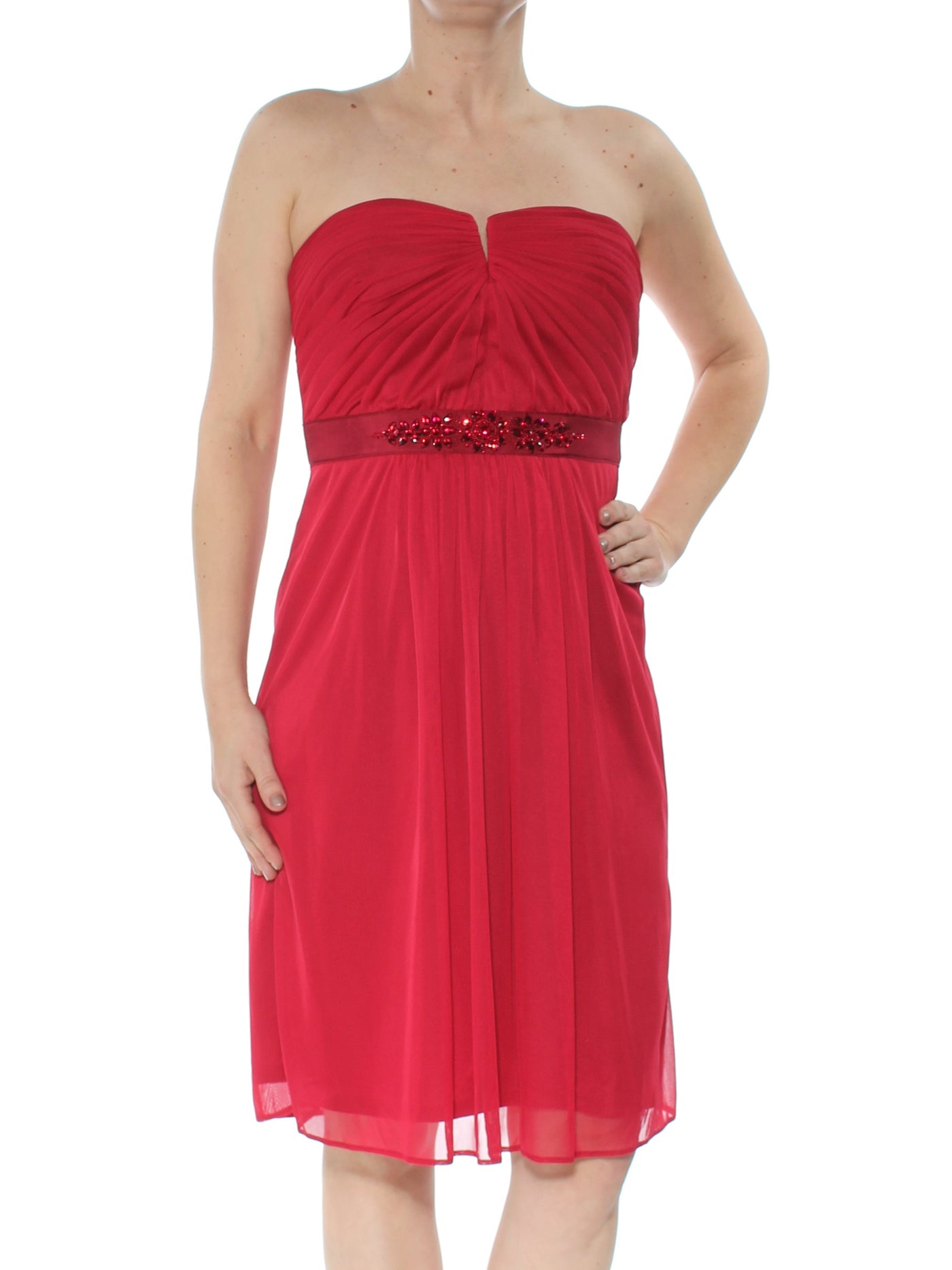 ADRIANNA PAPELL Womens Red Embellished Strapless Knee Length Formal Empire Waist Dress