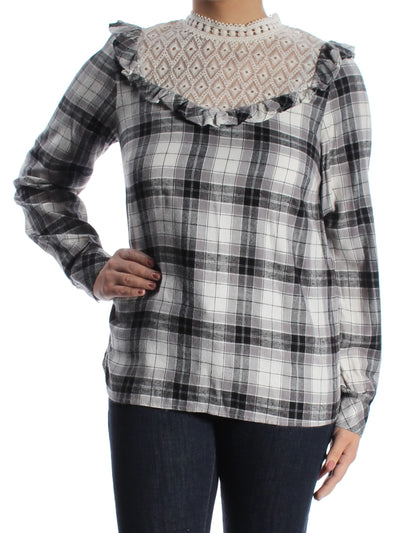 KENSIE Womens Ruffled Lace Plaid Long Sleeve Bib Neck Wear To Work Tunic Top