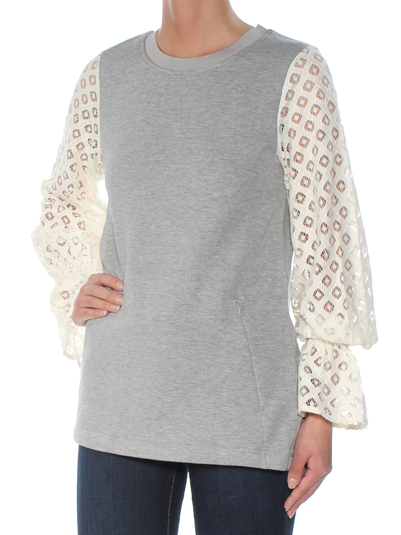KENSIE Womens Lace Ruched Kimono Sleeve Crew Neck Sheath Sweater