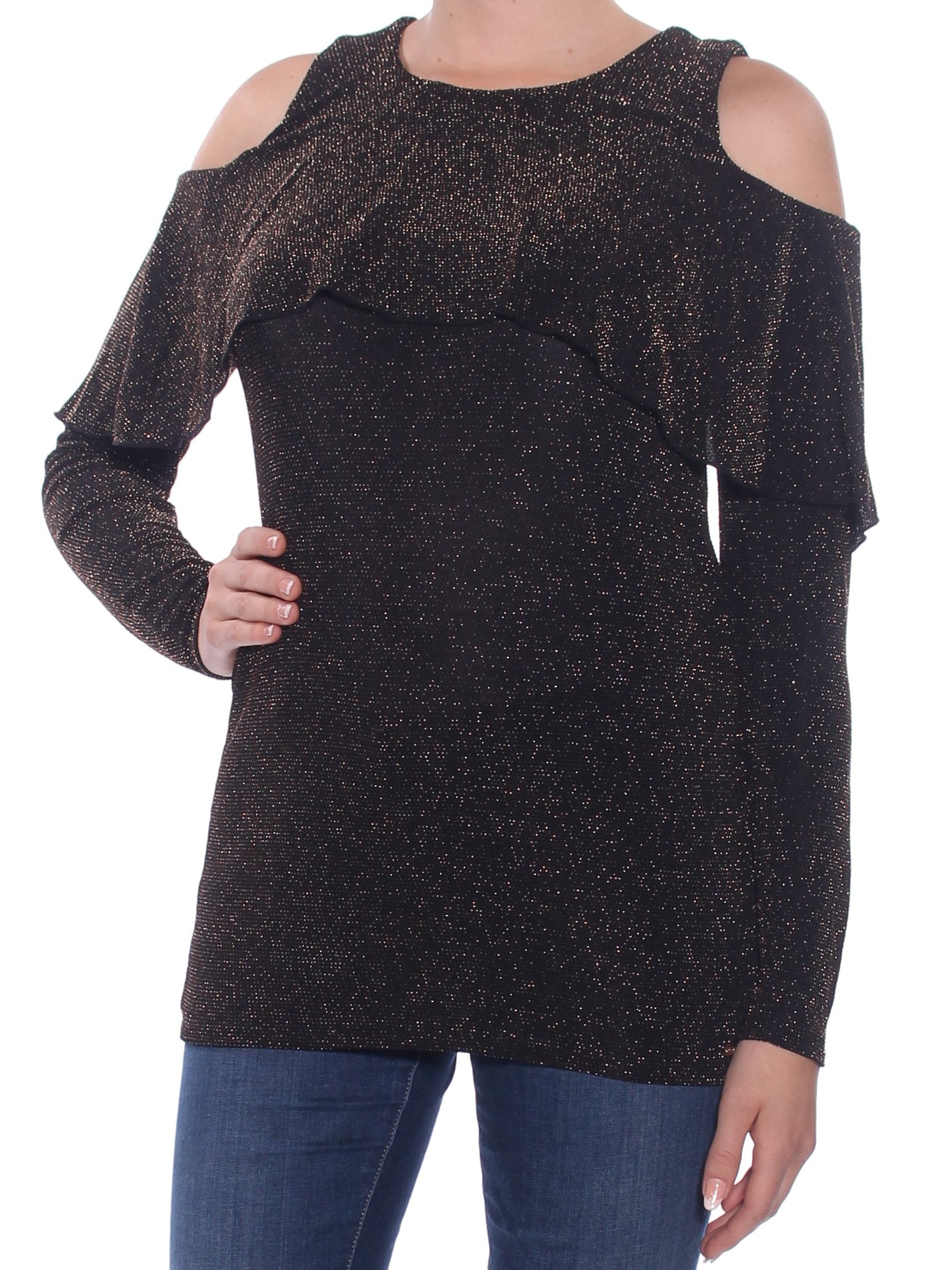 MICHAEL KORS Womens Black Cold Shoulder Glitter Long Sleeve Jewel Neck Evening Top