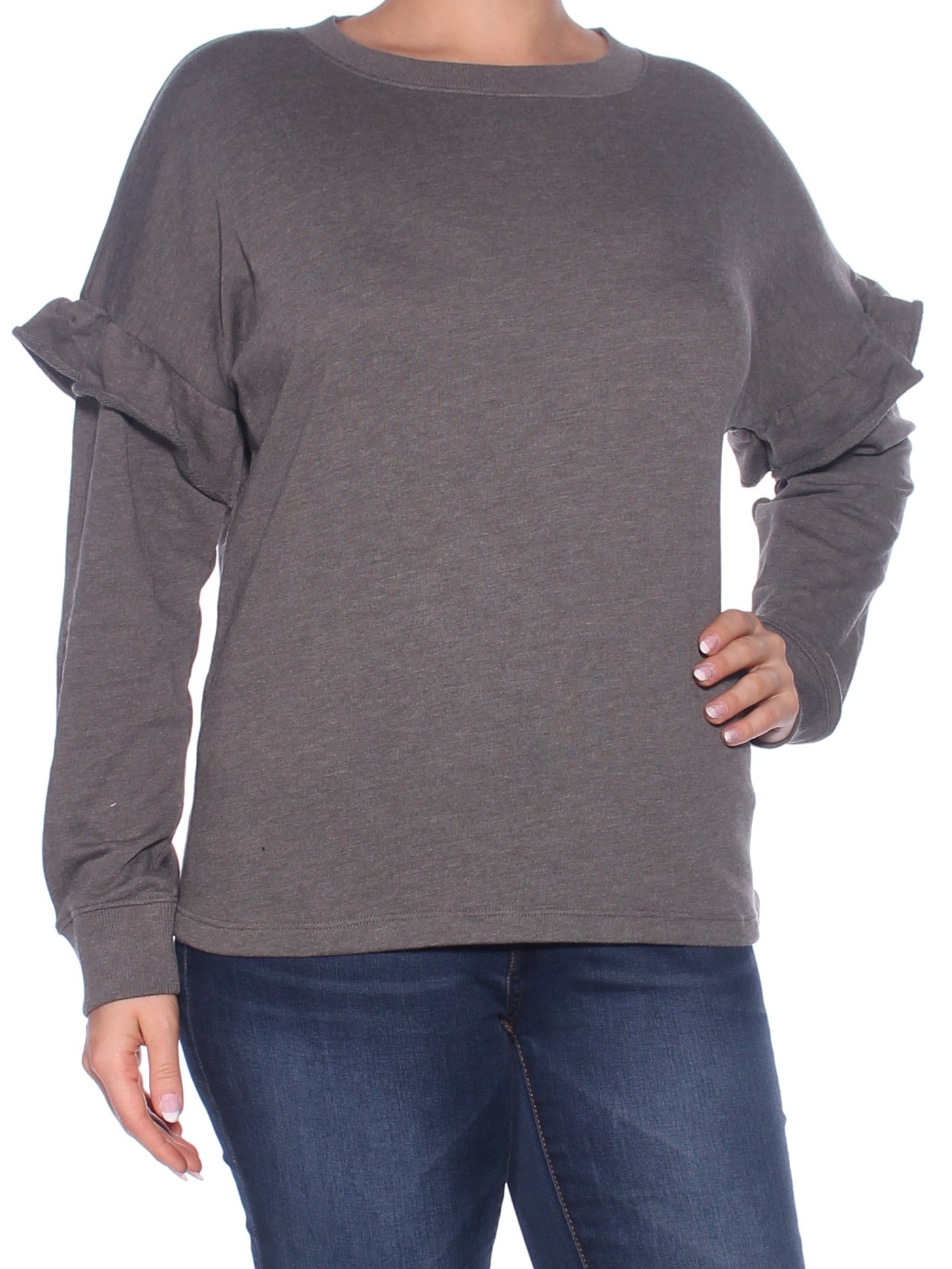 BUFFALO Womens Gray Ruffled Long Sleeve Crew Neck Sweater