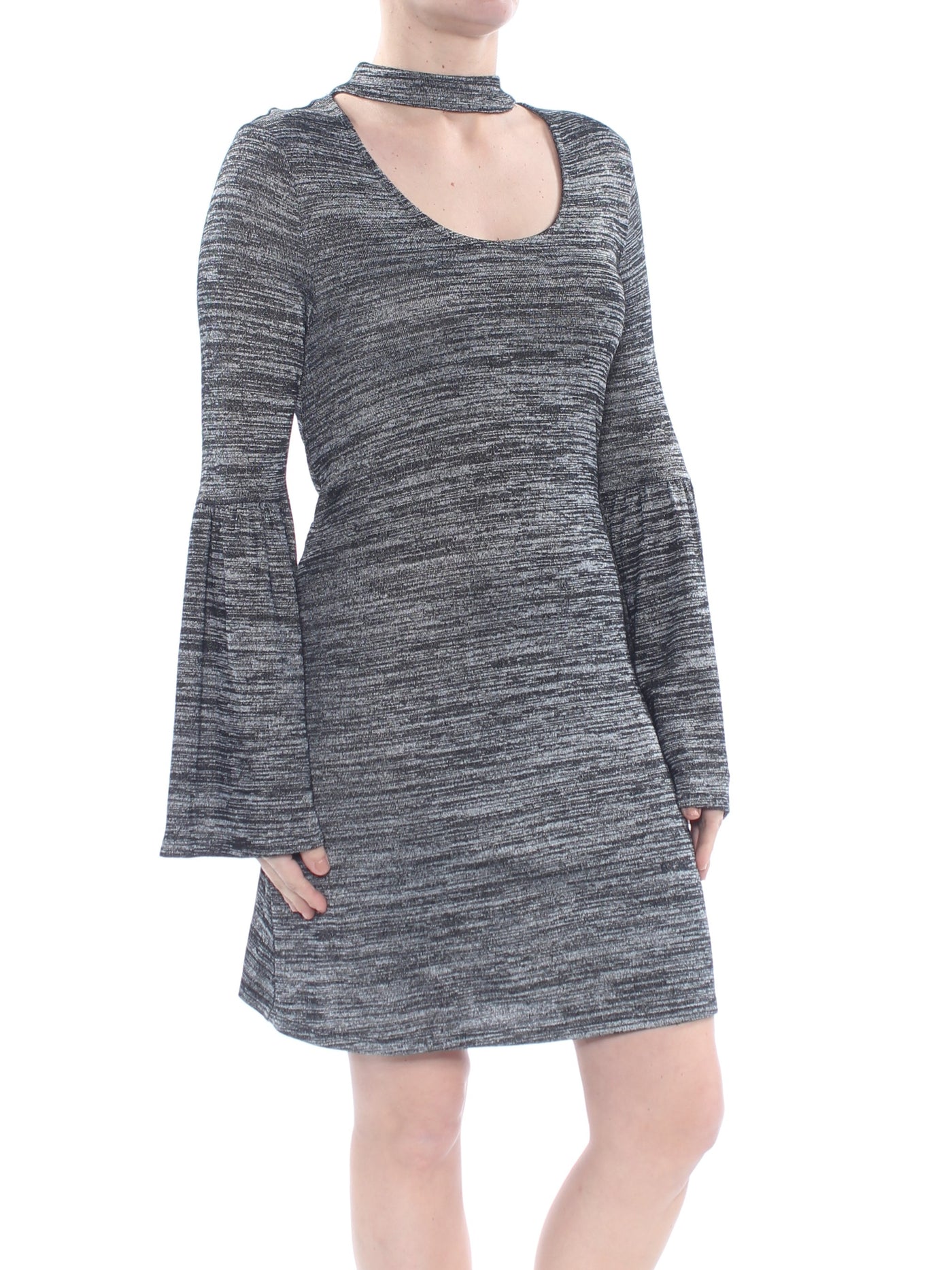 KENSIE Womens Gray Choker Spaced Dyed Bell Sleeve Scoop Neck Above The Knee Party Dress