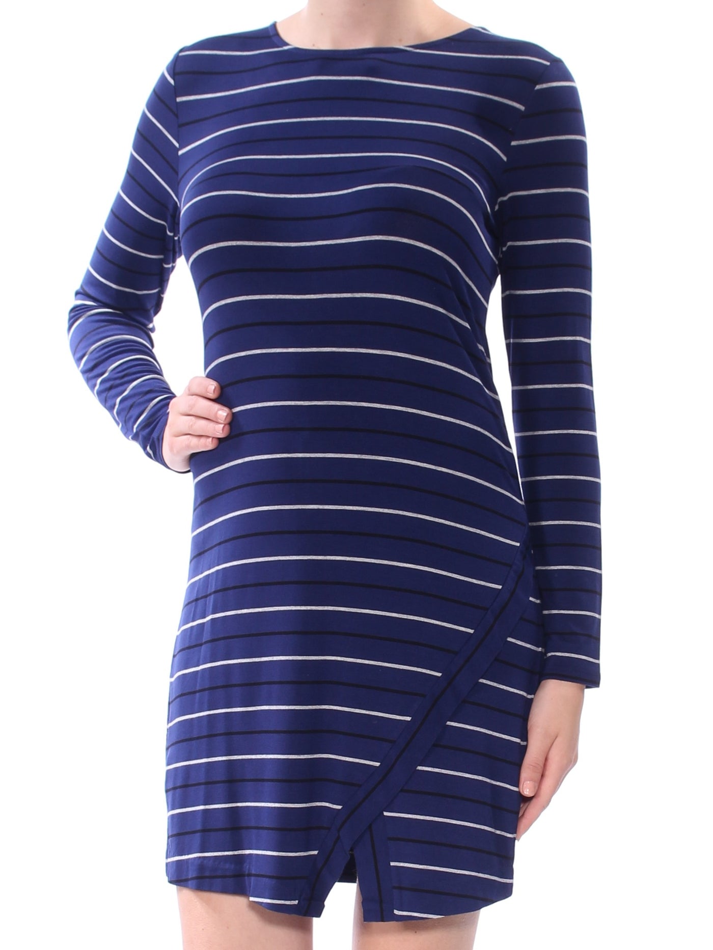 KENSIE Womens Blue Slitted Striped Long Sleeve Jewel Neck Above The Knee Body Con Dress