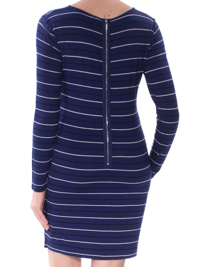 KENSIE Womens Blue Slitted Striped Long Sleeve Jewel Neck Above The Knee Body Con Dress