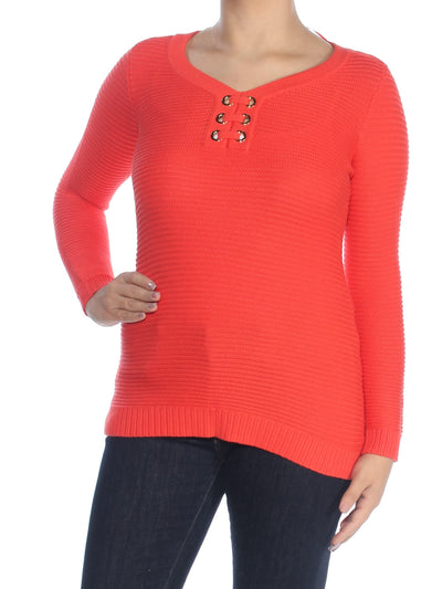 CHARTER CLUB Womens Orange Grommet Long Sleeve V Neck Sweater