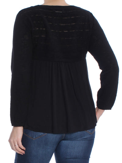 S & CO Womens Black Pointelle-knit Jewel Neck Hi-Lo Sweater