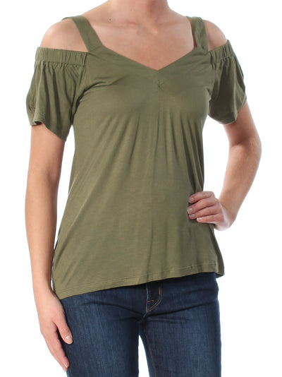 INC Womens Green Cold Shoulder V Neck Top Petites XS