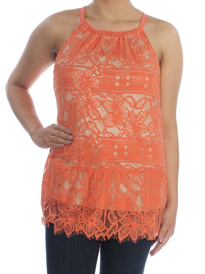 ALFANI Womens Coral Lace Floral Sleeveless Halter Tank Top