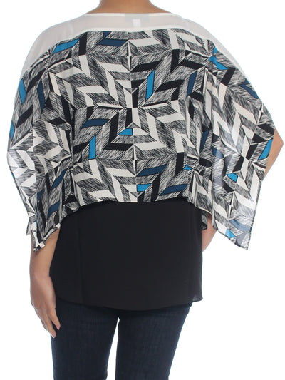 ALFANI Womens Black Overlay Printed Short Sleeve Jewel Neck PONCHO Top
