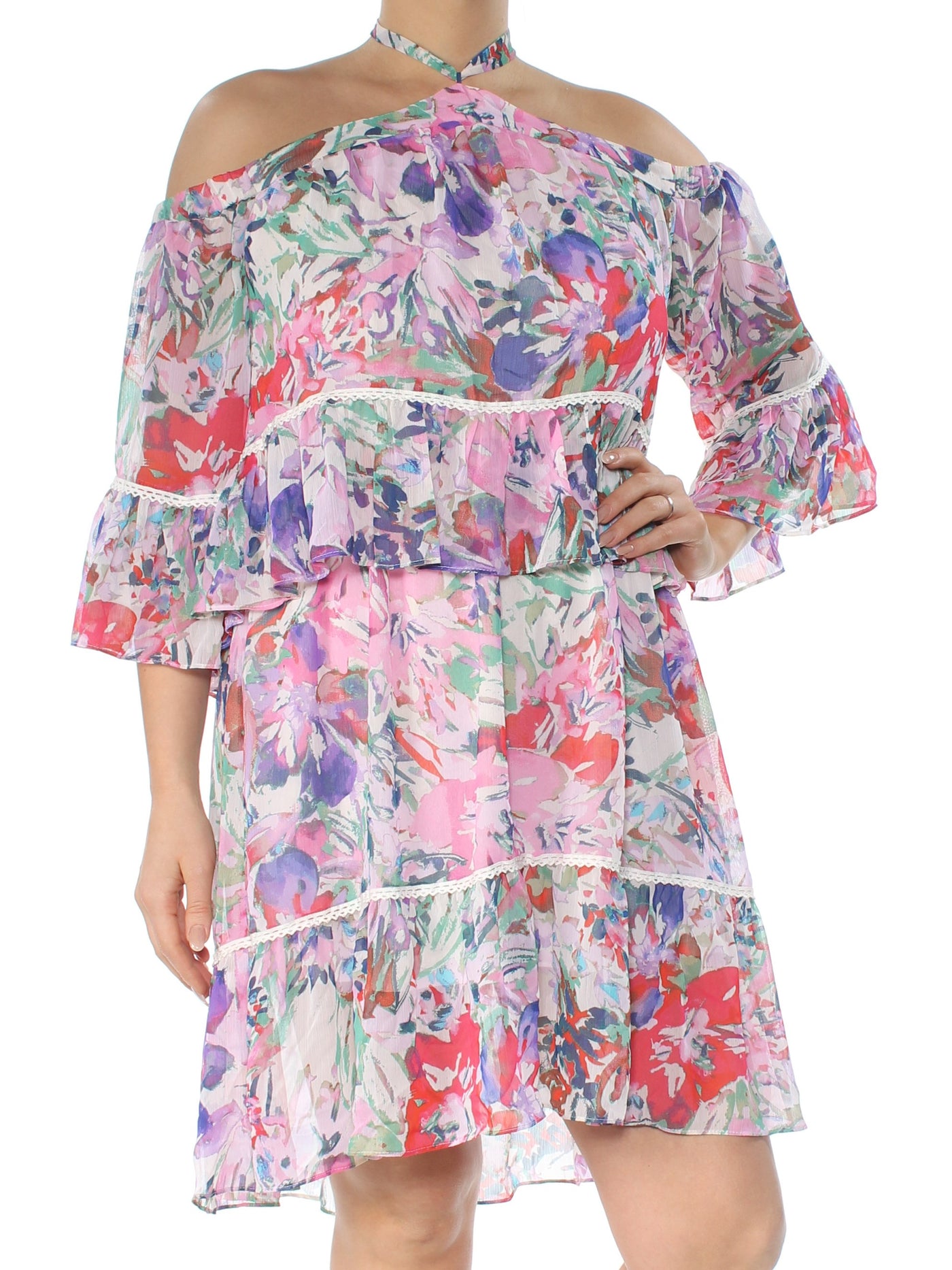 RACHEL ROY Womens Pink Cold Shoulder Printed 3/4 Sleeve Grecian Neckline Above The Knee Cocktail Blouson Dress