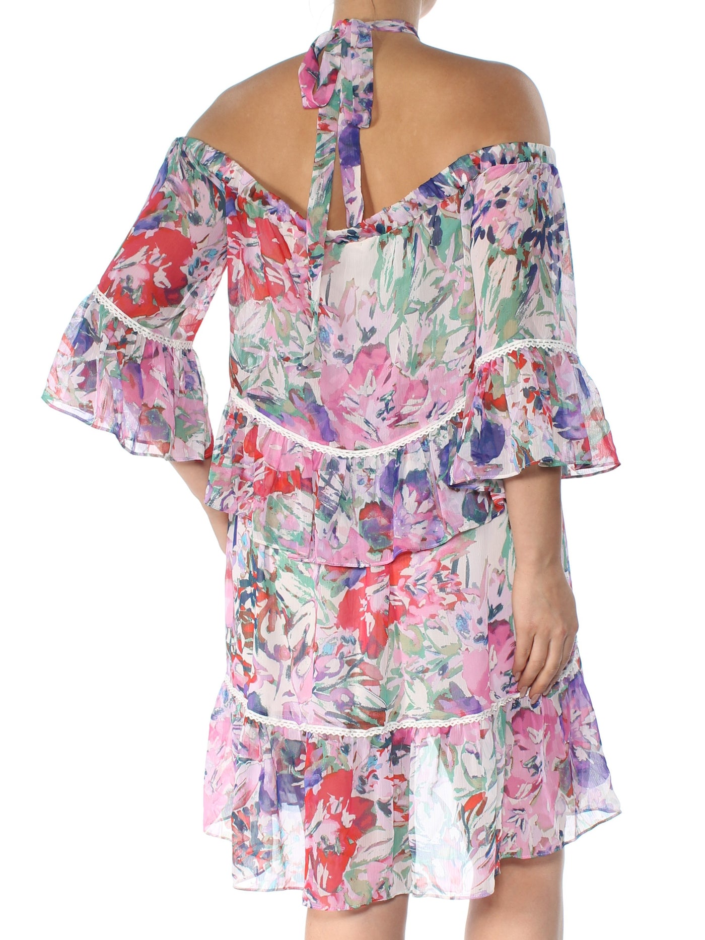 RACHEL ROY Womens Pink Cold Shoulder Printed 3/4 Sleeve Grecian Neckline Above The Knee Cocktail Blouson Dress
