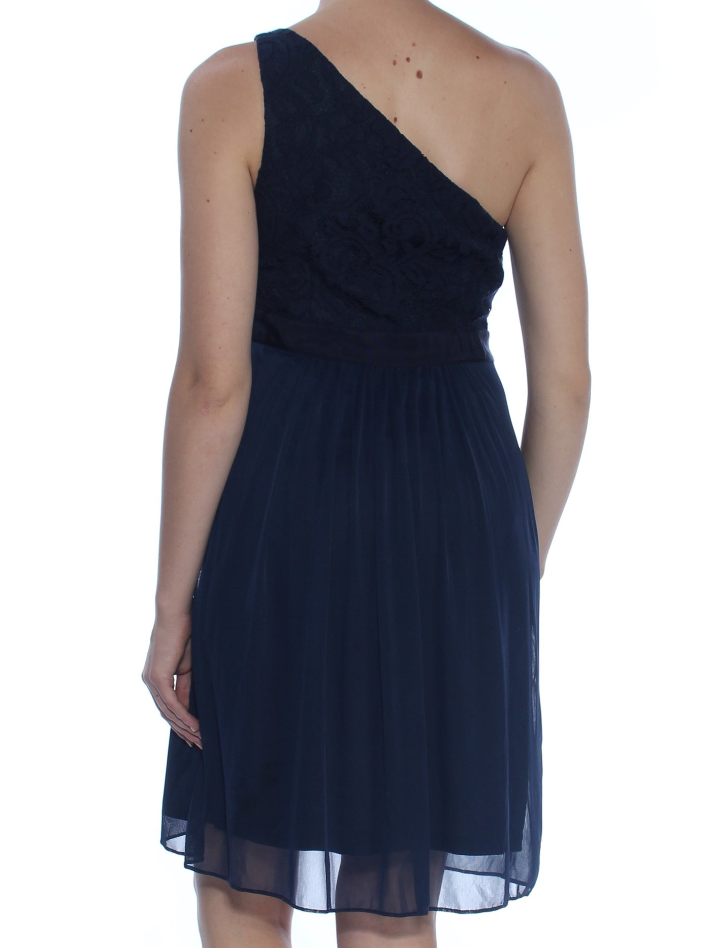 ADRIANNA PAPELL Womens Navy Embellished Sleeveless Asymmetrical Neckline Above The Knee Formal Fit + Flare Dress