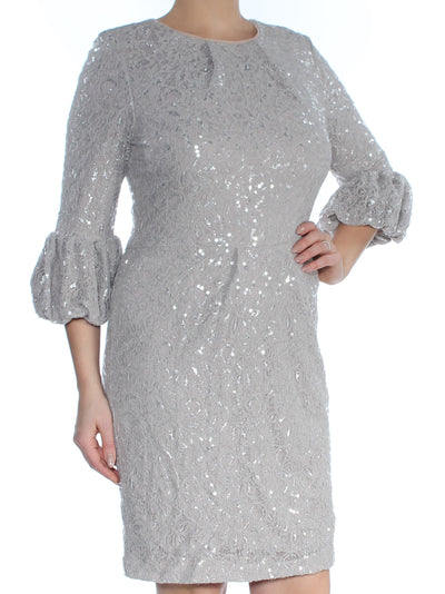 BETSY & ADAM Womens Beige Sequined Bell Sleeve Jewel Neck Above The Knee Party Sheath Dress