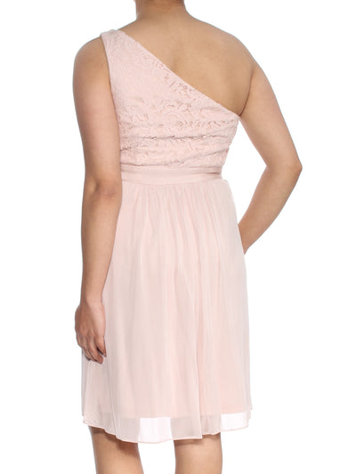 ADRIANNA PAPELL Womens Pink Embellished Lace Sleeveless Asymmetrical Neckline Knee Length Evening Sheath Dress
