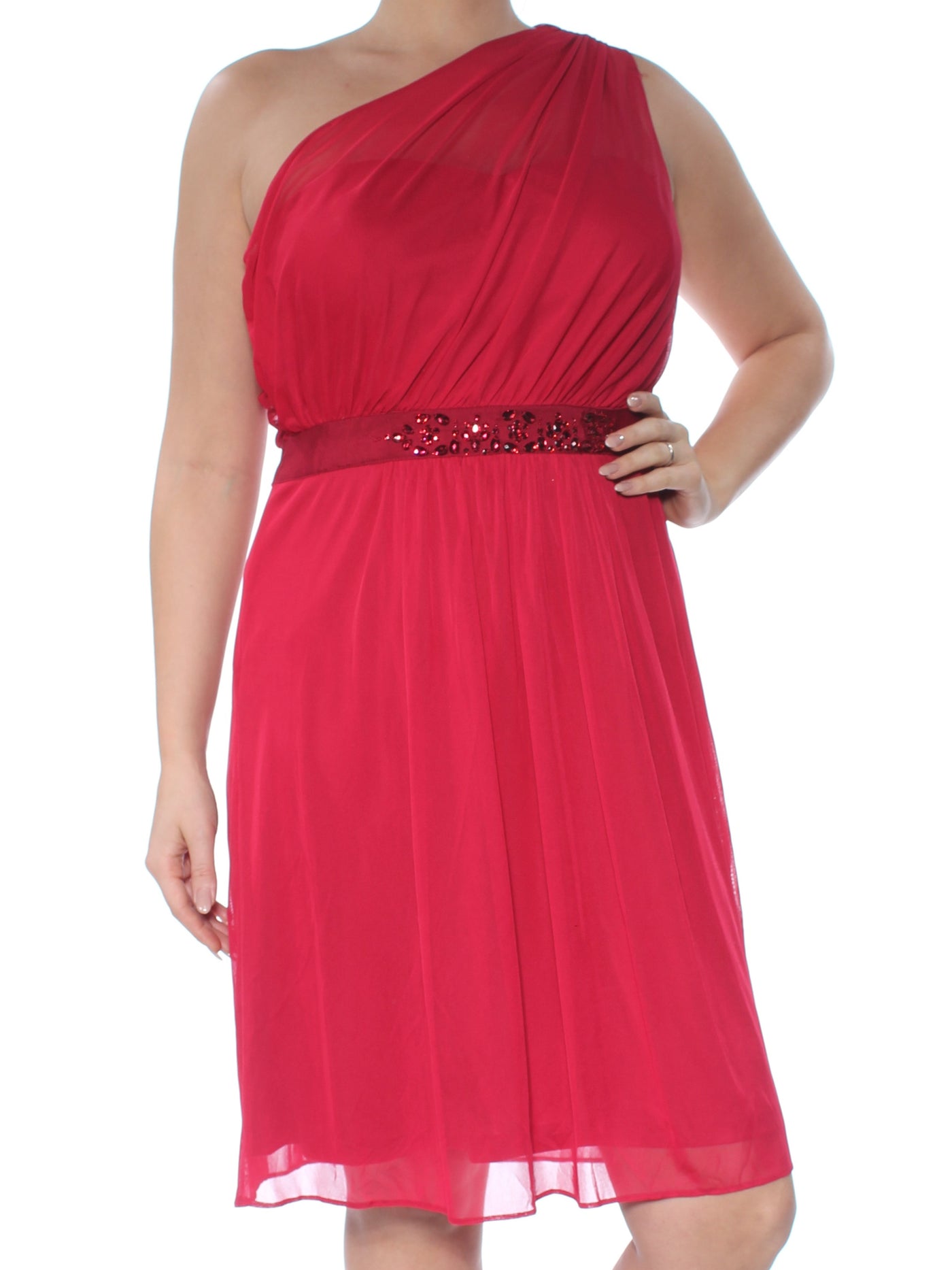 ADRIANNA PAPELL Womens Red Embellished Sleeveless Asymmetrical Neckline Above The Knee Formal Fit + Flare Dress