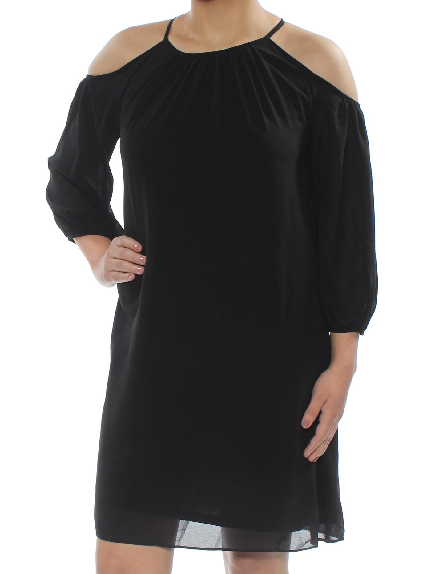 AMERICAN LIVING Womens Black Cold Shoulder 3/4 Sleeve Jewel Neck Above The Knee Evening Shift Dress
