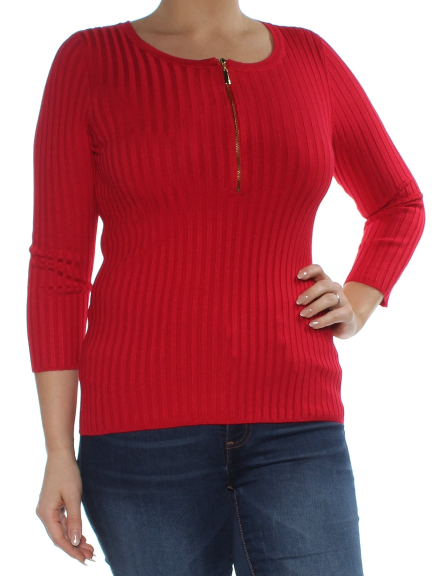 INC Womens Red Zippered 3/4 Sleeve Jewel Neck Sweater