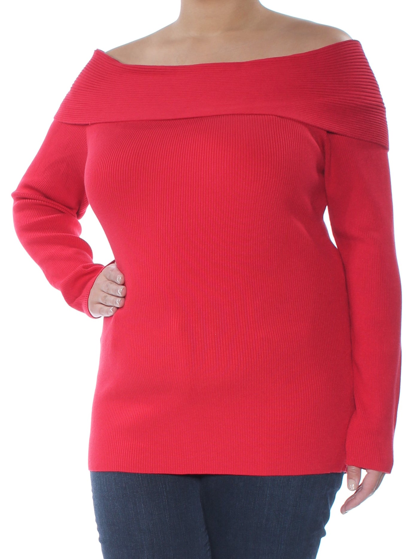 INC Womens Red Long Sleeve Off Shoulder Sweater